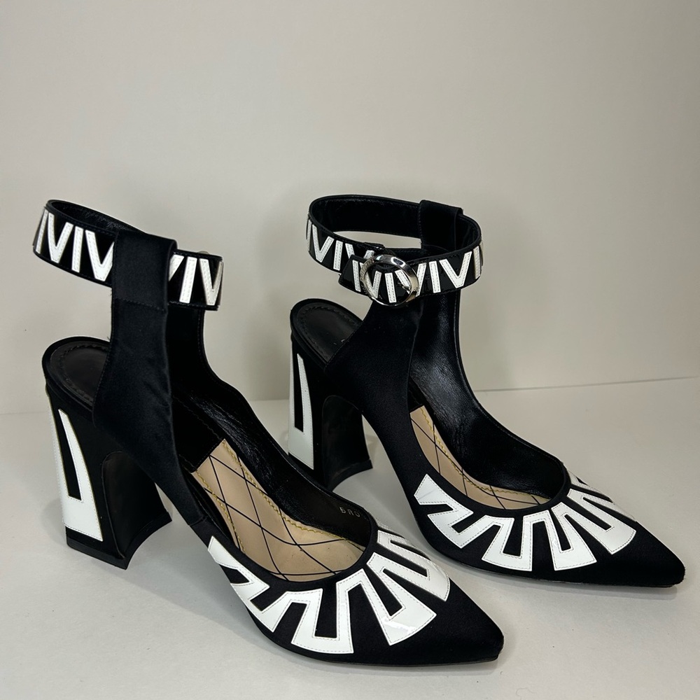 Louis Vuitton Black White Satin Leather Ankle Strap Block Heels Pump “38 1/2”
